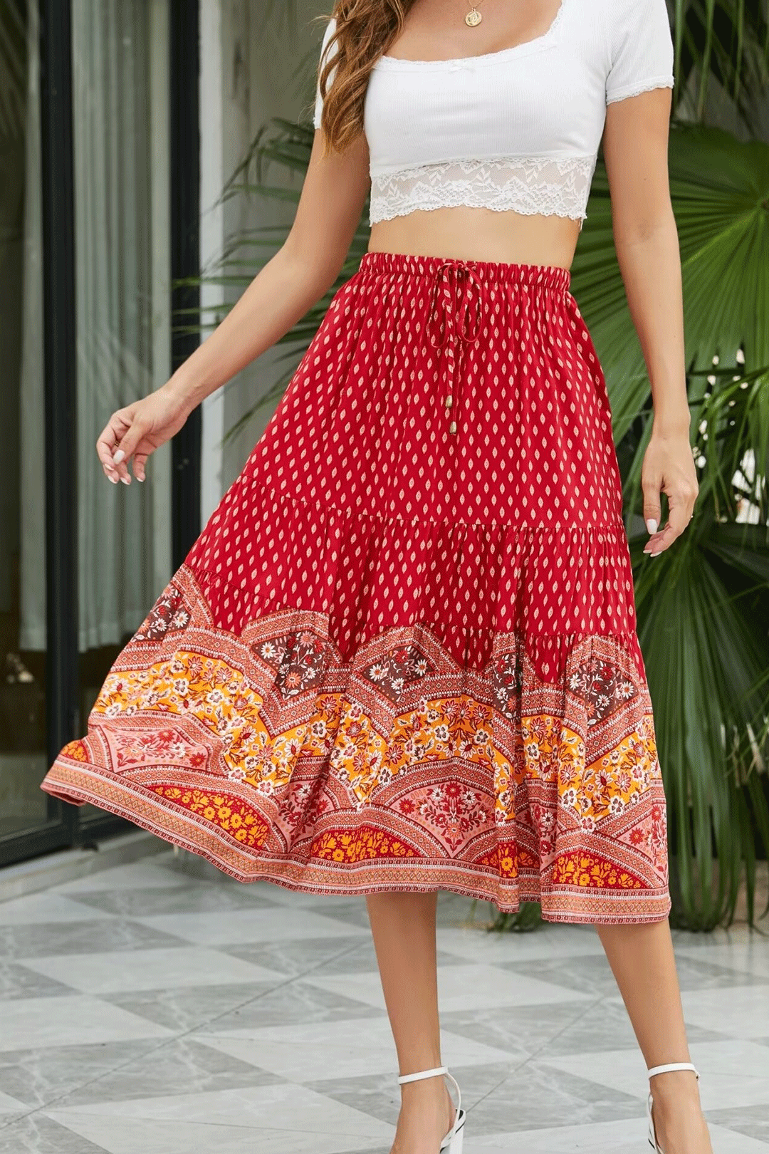 Boho Skirt, Hippie Skirts, Midi Skirt, Marakee in Red and Pink