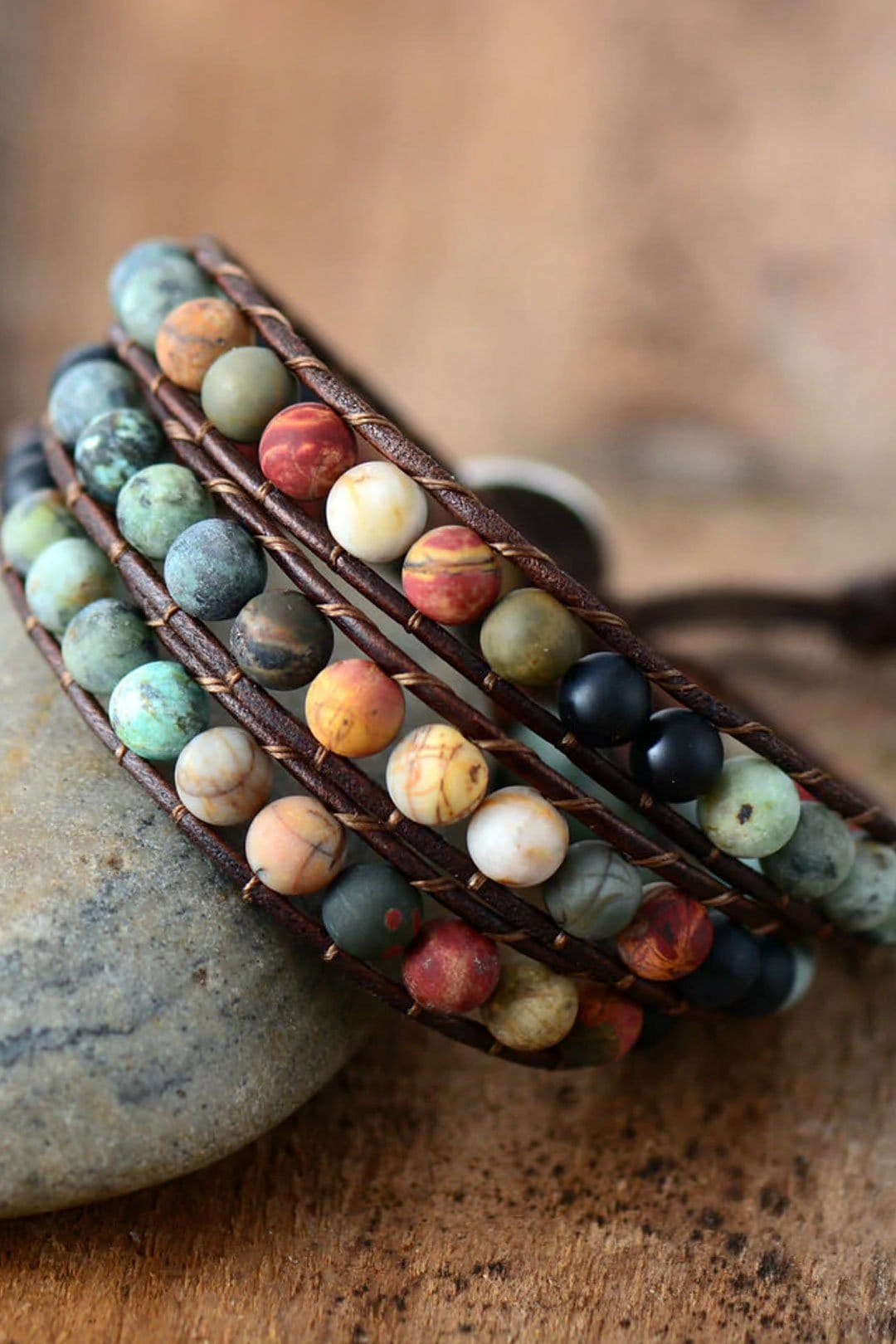 Boho Bracelet, 3 Layers Leather Wrap Bracelet, 6 mm Stones