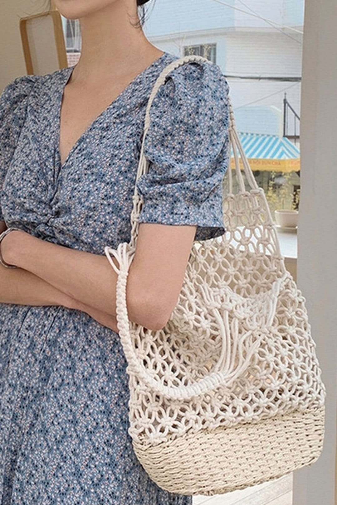 Boho Bag, Woven Mesh Rope Tote Bag Vano in Brown and Beige