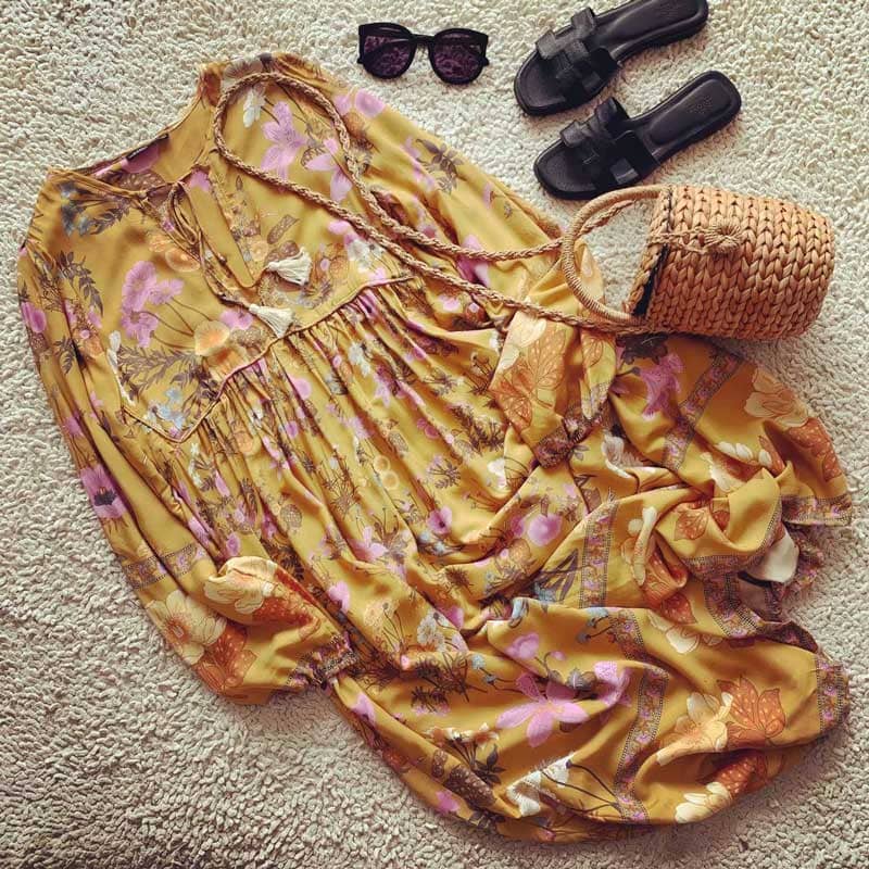 Gown Dress, Boho Maxi Dress, Loose Dress, Flower Garden in Pink, Blue and Yellow