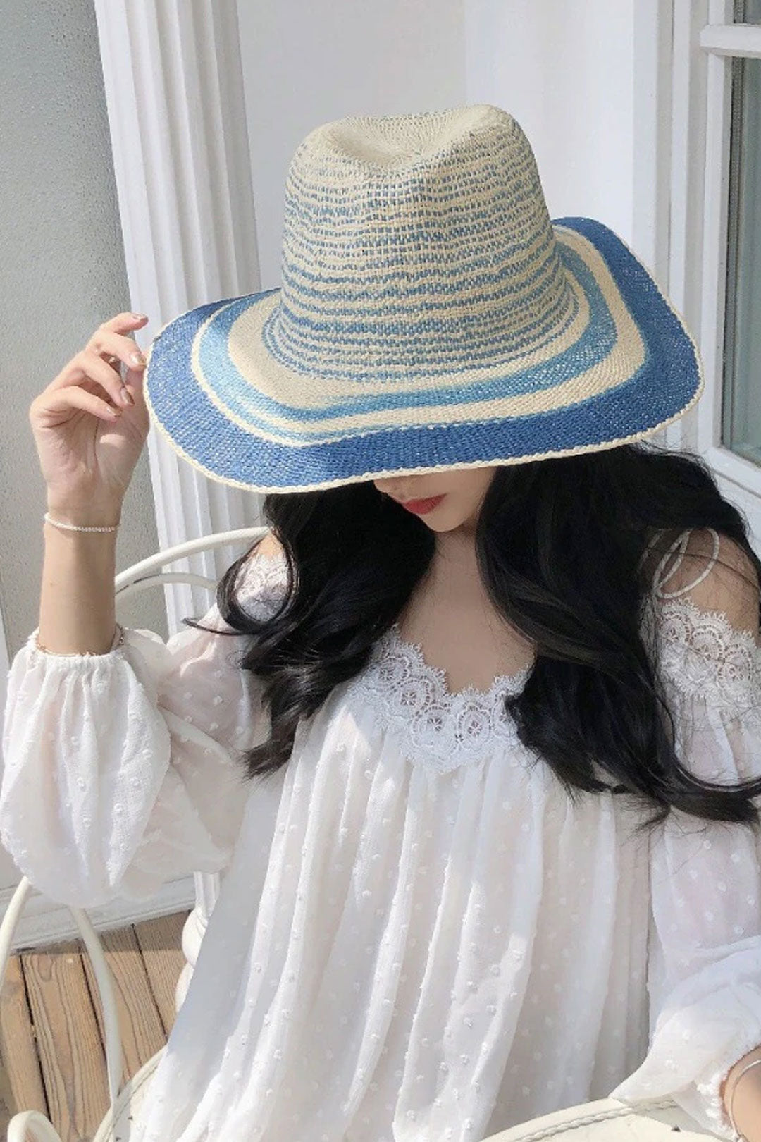 Boho Hat, Sun Hat, Beach Hat, Straw Hat, Riley Sweet Stripe Blue Pink
