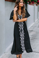 Boho Midi Dress, Beach Dress, Embroidered Dress, Holly in Black