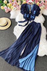 Vintage Two Piece Set, Boho Matching Crop Top and Palazzo Pant, Glamour Blue