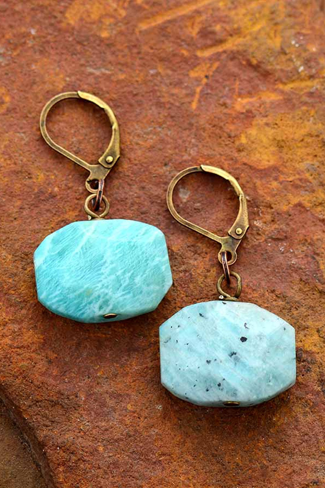 Boho Earrings, Dangle Earrings, Hexagon Blue Amazonite