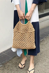 Boho Bag, Woven Straw Rope Bag, Brown and White Wood