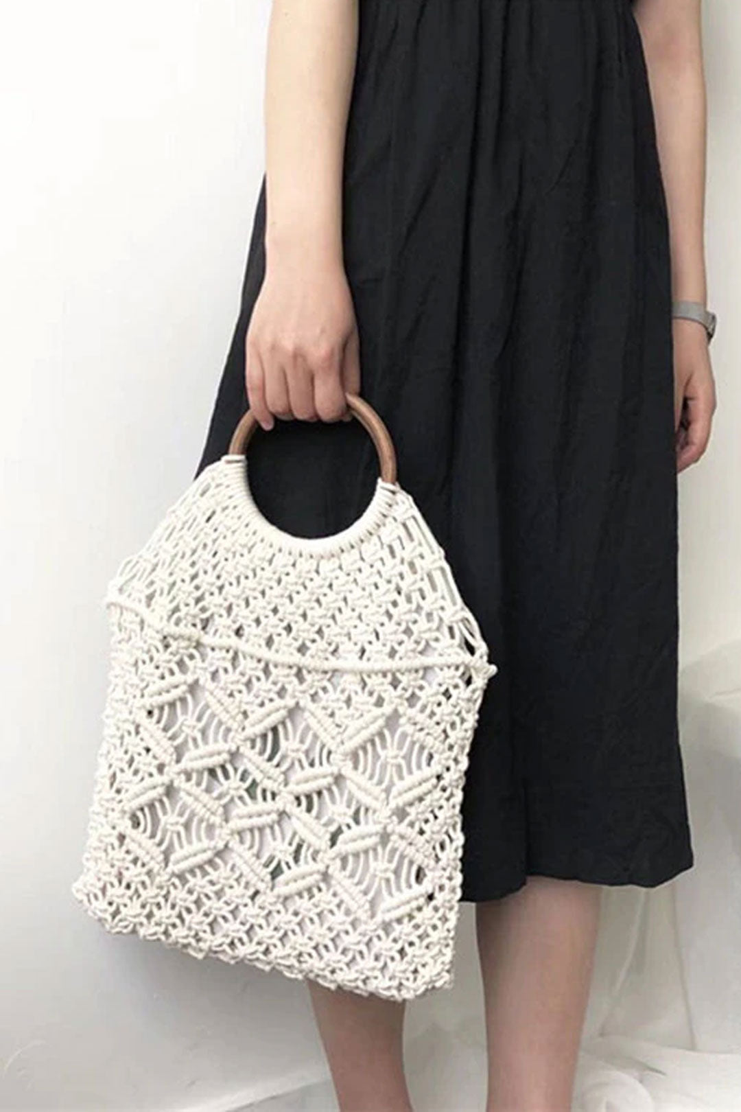 Boho Bag, Woven Straw Rope Bag, Brown and White Wood