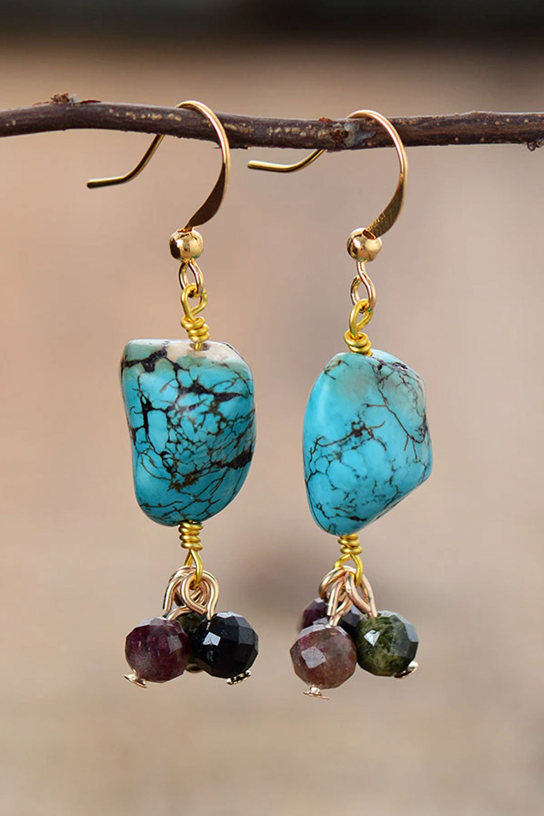 Boho Earrings, Dangle Earrings, Tourmaline and Blue Turquoise