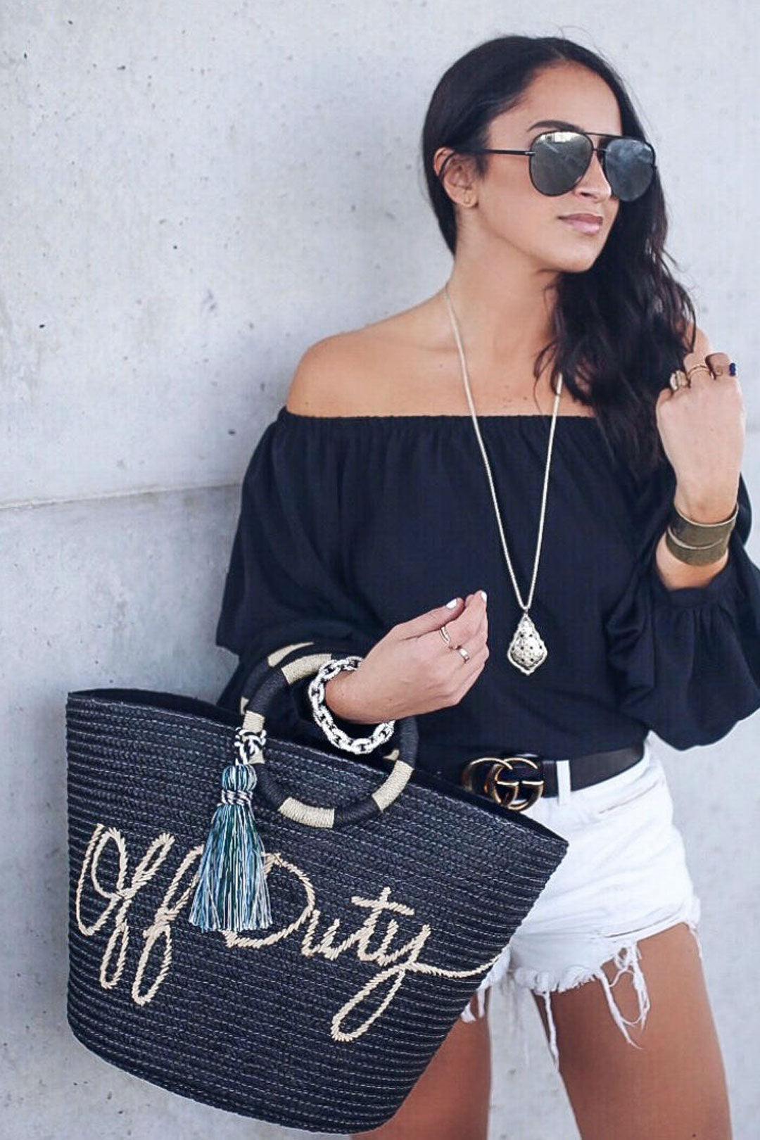 Boho Bag, Woven Straw Bag, Black Off Duty