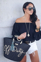 Boho Bag, Woven Straw Bag, Black Off Duty