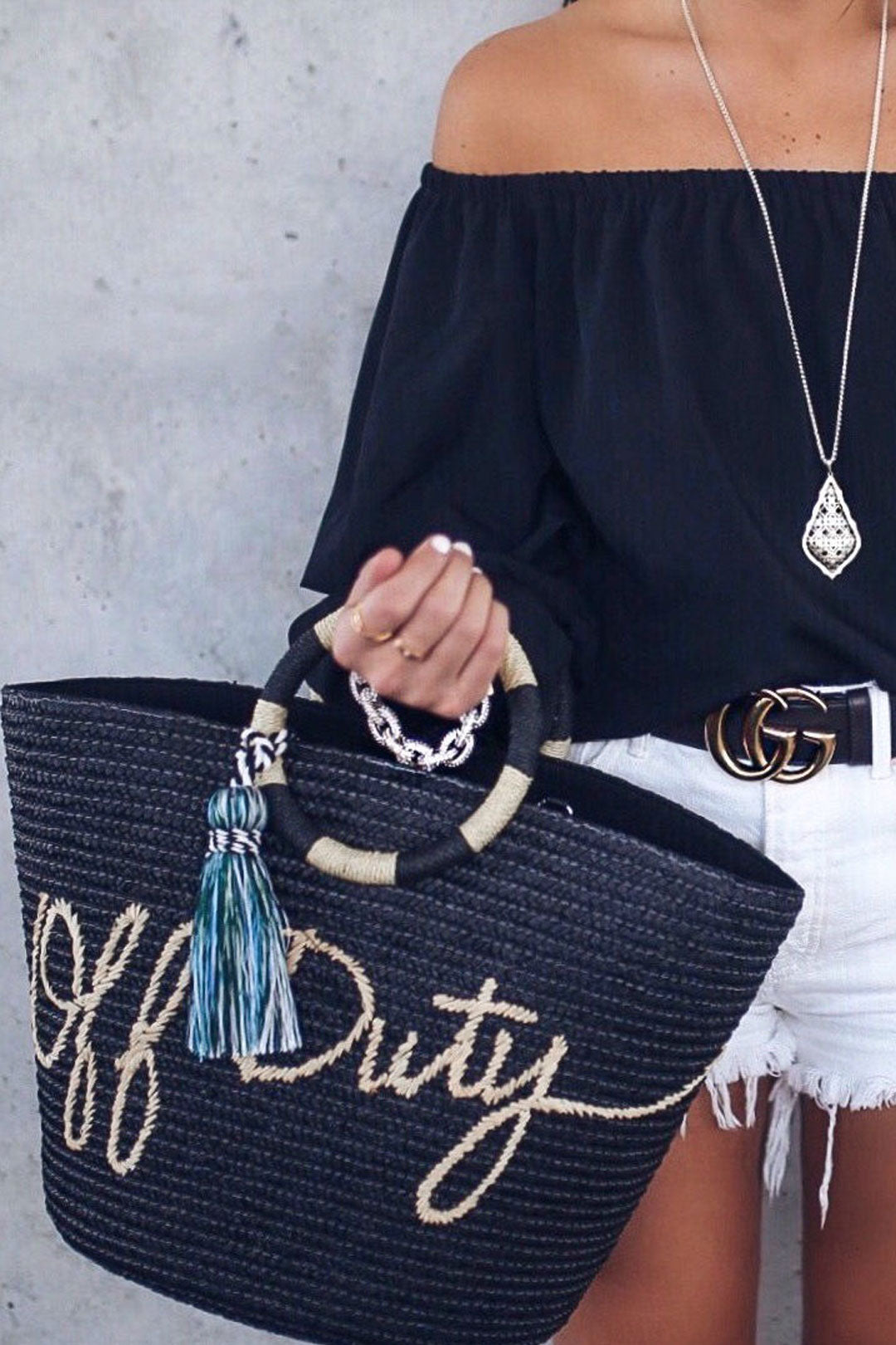 Boho Bag, Woven Straw Bag, Black Off Duty