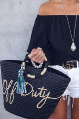 Boho Bag, Woven Straw Bag, Black Off Duty