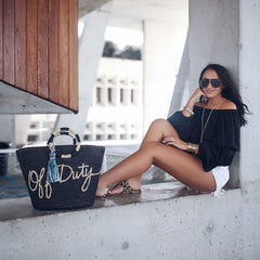 Boho Bag, Woven Straw Bag, Black Off Duty