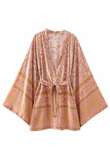 Boho Robe, Kimono Robe,  Beach Cover up, Short Robe, Pink Verbena