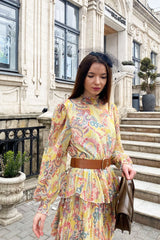 Maxi Dress - Boho Vintage Pleated Dress - Summer Print Floral Vintage Charlotte Yellow