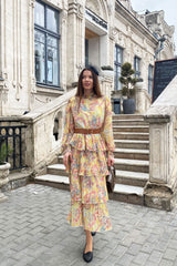 Maxi Dress - Boho Vintage Pleated Dress - Summer Print Floral Vintage Charlotte Yellow