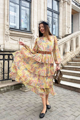 Maxi Dress - Boho Vintage Pleated Dress - Summer Print Floral Vintage Charlotte Yellow