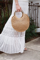 Boho Bag, Woven Straw Rope Bag, Rattan Bag, Yellow Moon Tassel in Brown and Ivory