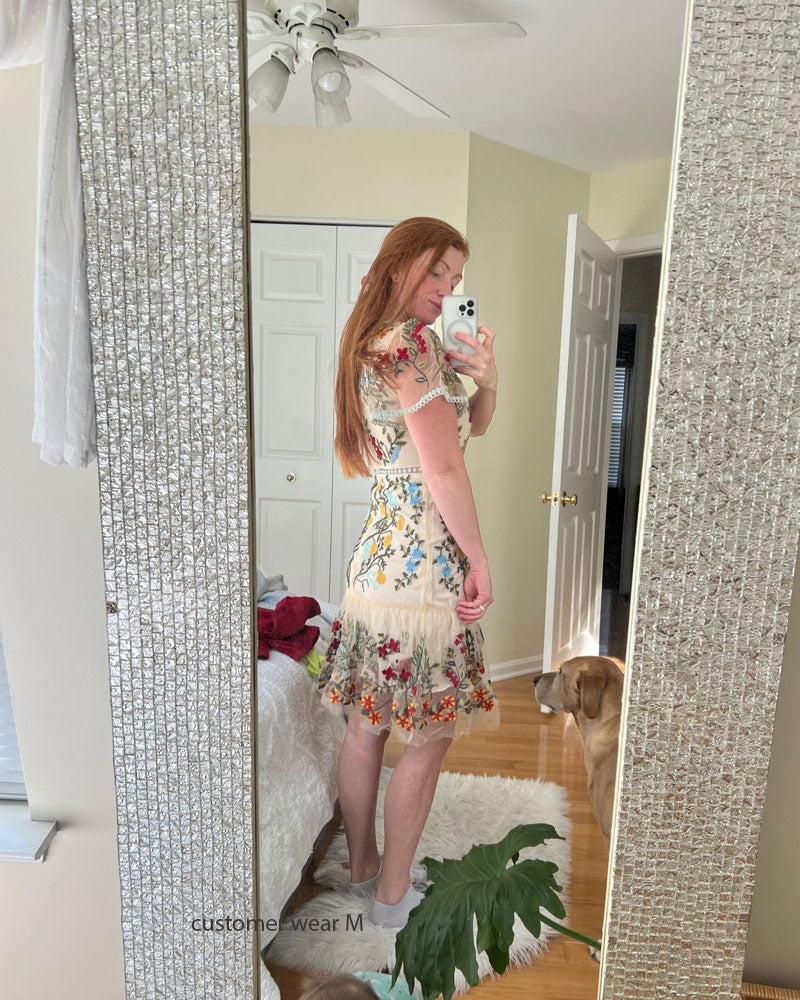Boho Vintage Party Dress - Mini Dress Embroidered Arabella Rose in White Apricot