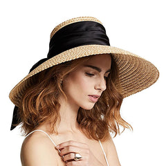 Boho Hat, Sun Hat, Beach Hat, Wide Brim Straw Hat, Vintage Big Black Ribbon