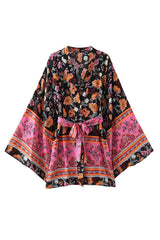 Boho Robe, Kimono Robe,  Beach Cover up, Short Robe, Pink Palmata