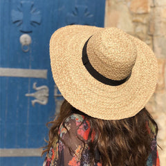 Boho Hat, Beach Sun Hat, Wide Brim Raffia Hat, Marry Round Top in Beige