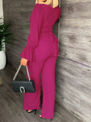 Women's Sets Flared Sleeve Lace-Up Top & Straight Pants Two Piece Set