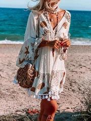 Women's Dresses Printed V-Neck Fringed Long-Sleeve Dress