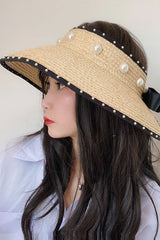 Boho Hat, Sun Hat, Beach Hat, Wide Brim Straw Hat 10 cm, Shade Visor Black Ribbon