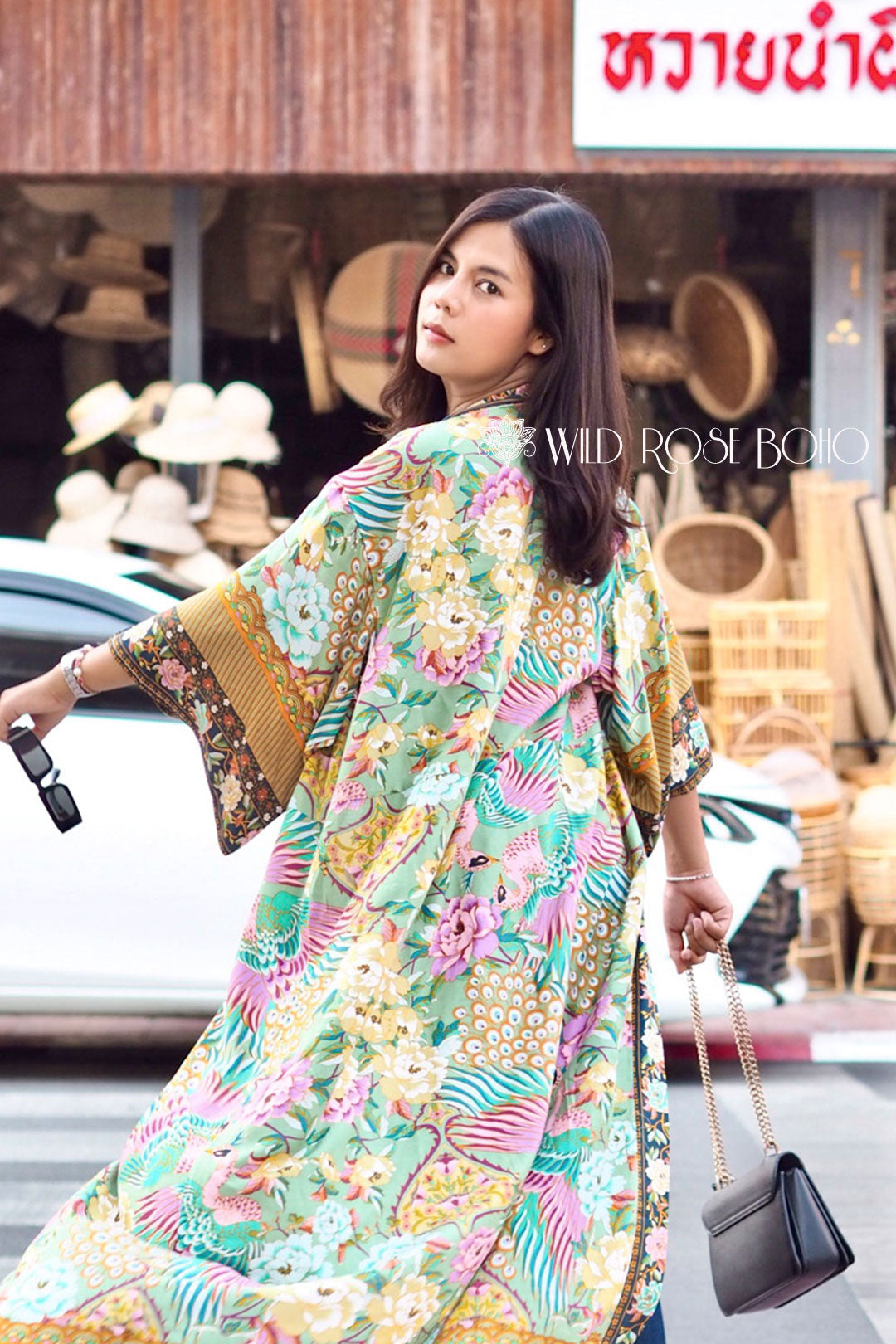 Boho Robe, Kimono Robe, Beach Cover up, Camila Peacock in Gold Green