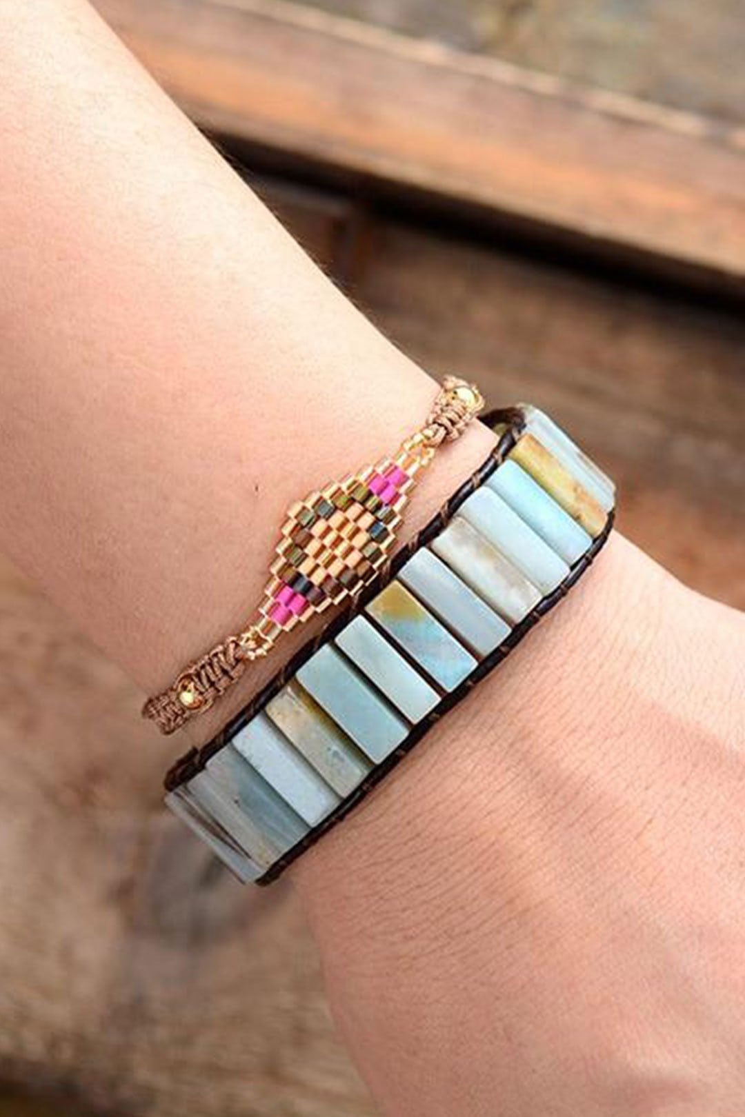 Boho Bracelet, Leather Wrap Bracelet, Blue Amazonite