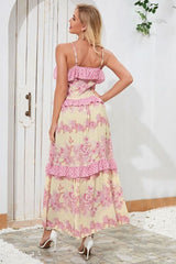 Boho Maxi Dress, Strappy, Delanry in Rosy Pink and Gold