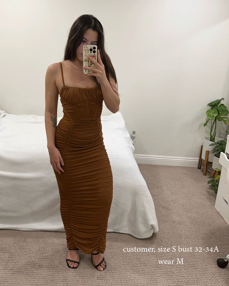 Boho Camis Dress, Party Bodycon Dress, Corset Ruched Maxi Dress, Claire in  Black and Brown