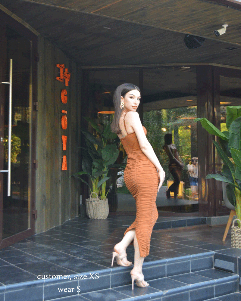 Boho Camis Dress, Party Bodycon Dress, Corset Ruched Maxi Dress, Claire in  Black and Brown