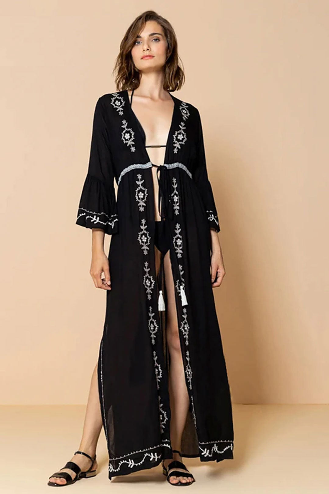 Boho Robe, Beach Cover up, Beach Robe, BLack Embroidery Flower