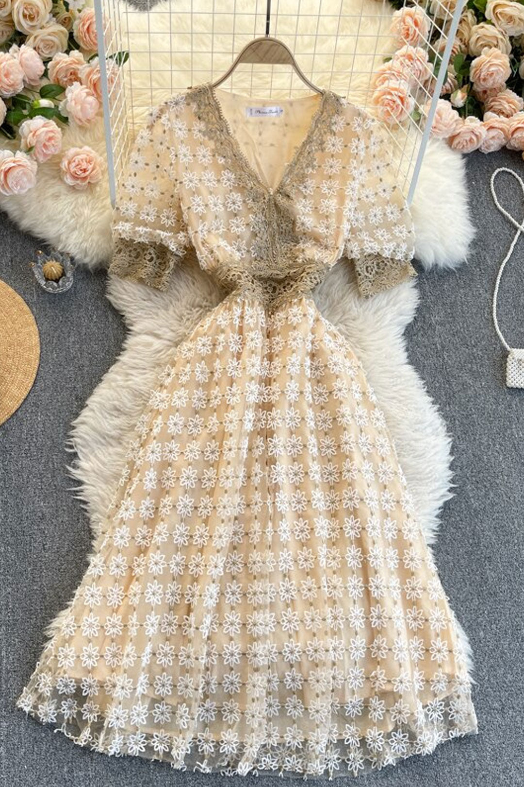 Vintage Dress, Boho Midi Dress, Lace Party Dress, Genevieve in  Midnight and White Apricot