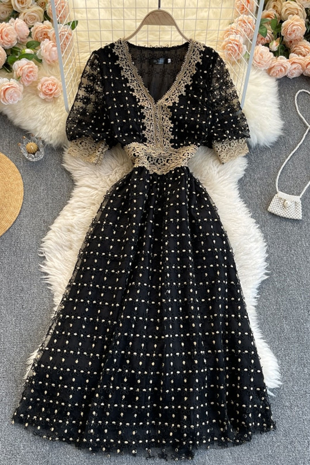 Vintage Dress, Boho Midi Dress, Lace Party Dress, Genevieve in  Midnight and White Apricot