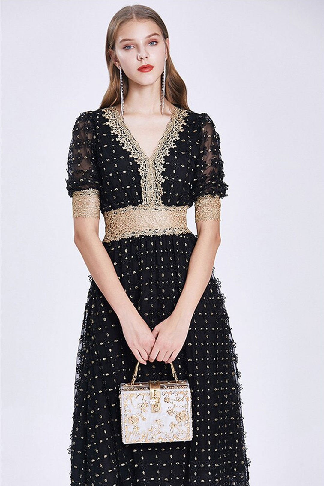 Vintage Dress, Boho Midi Dress, Lace Party Dress, Genevieve in  Midnight and White Apricot