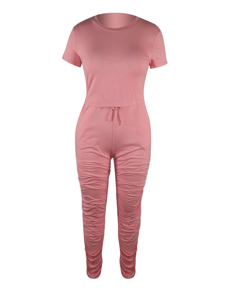 Solid Crop Top & Drawstring Ruched Pants Set