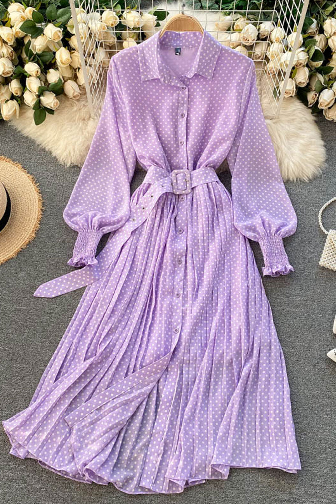Vintage Dress, Boho Midi Dress, Dress, Shirt Dress, Molly Polka Dot in Red, Purple, Black and White