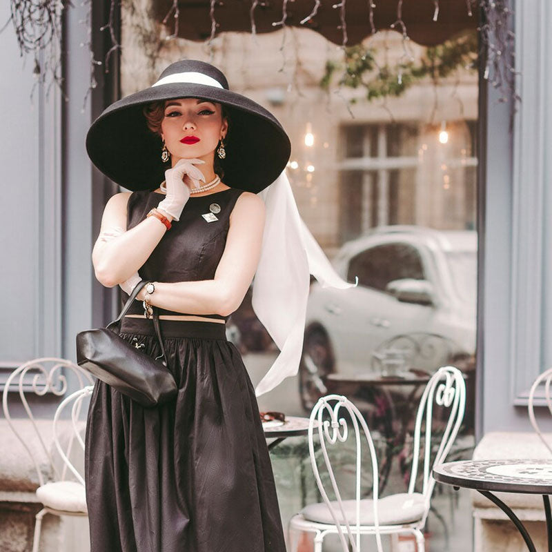 Boho Hat, Floppy Vintage Hat, Audrey Black Wool White Scraf