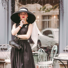 Boho Hat, Floppy Vintage Hat, Audrey Black Wool White Scraf