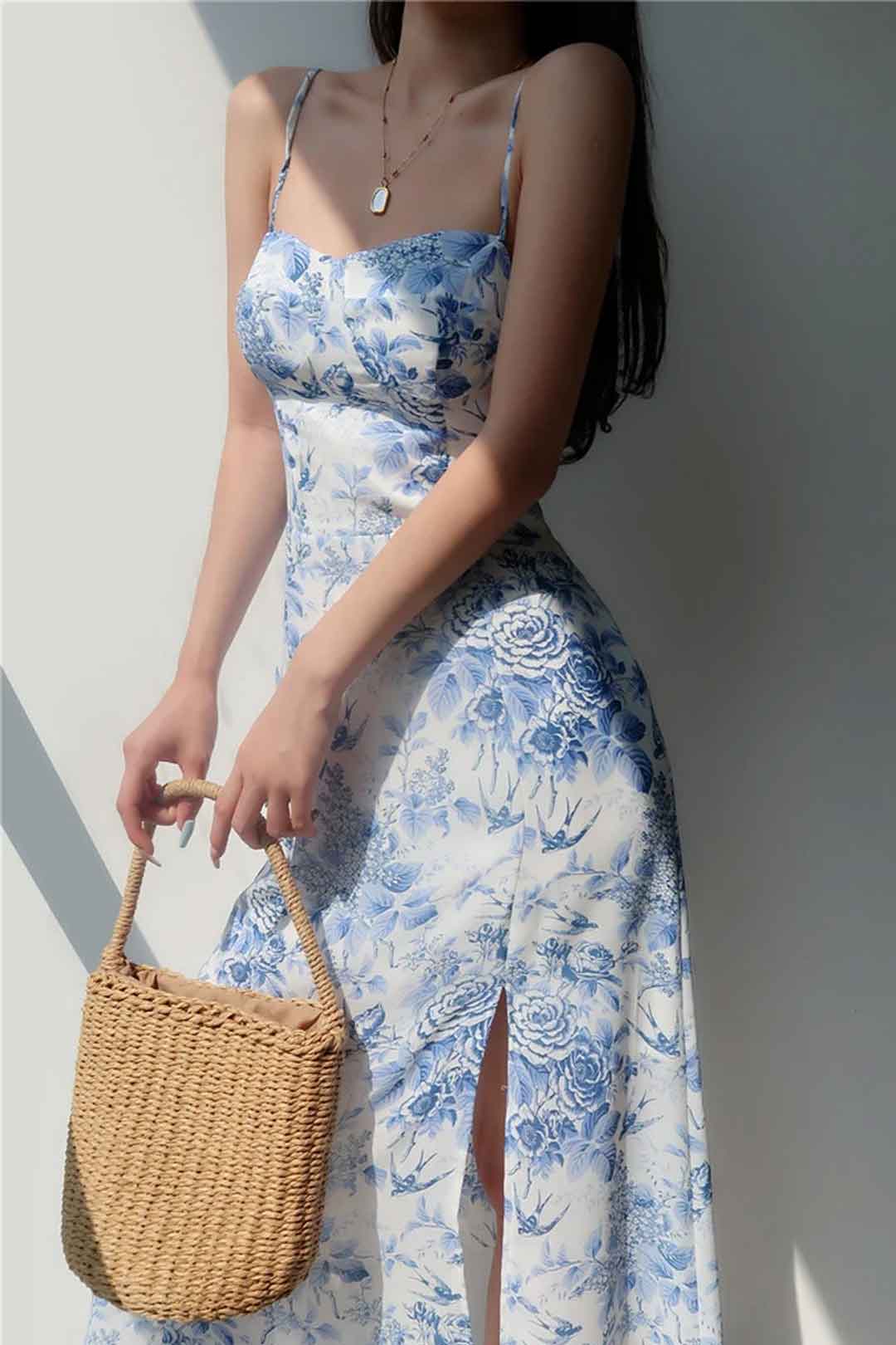 Boho Midi Dress, Strappy Sundress, Blue Vintage Rose