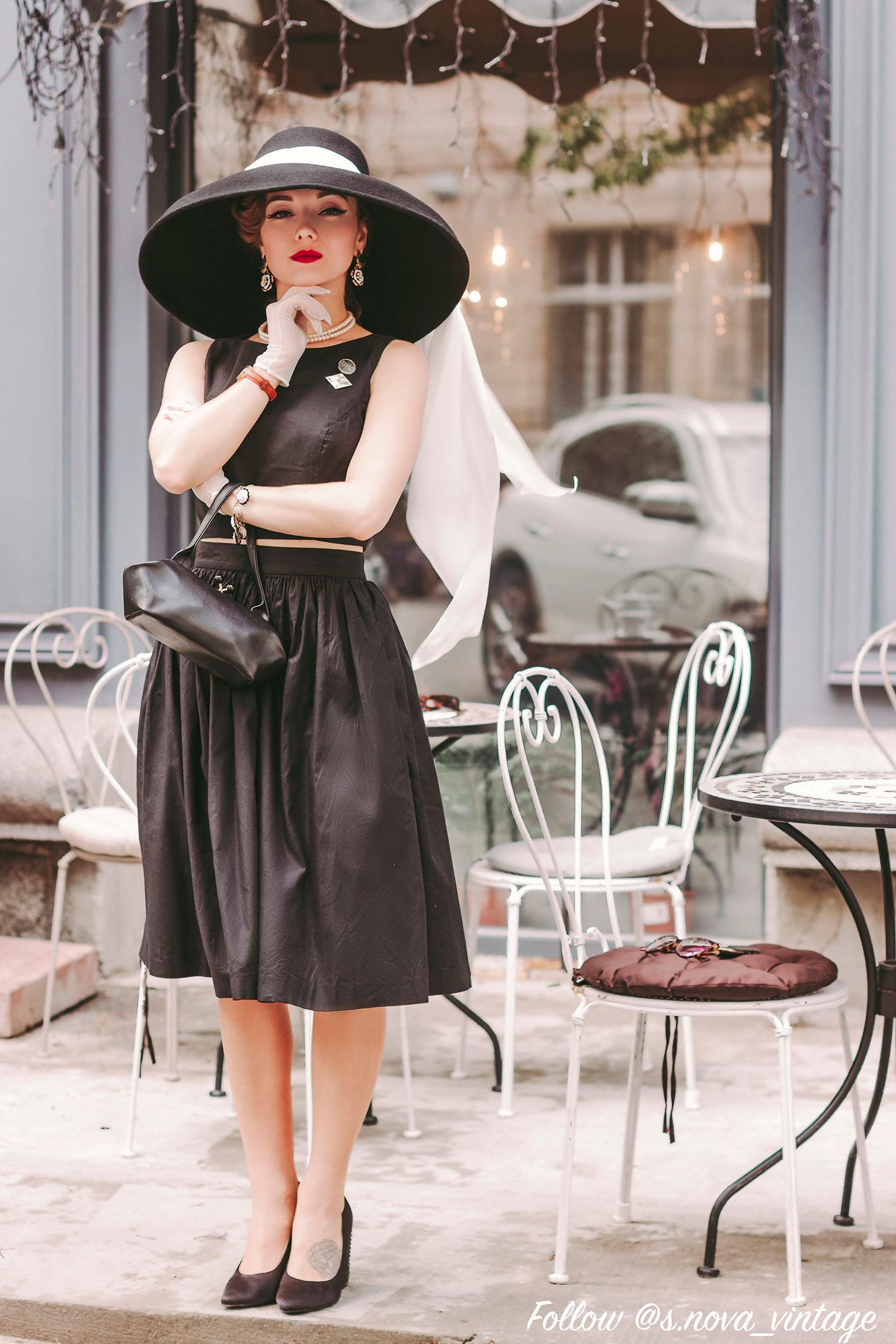 Boho Hat, Floppy Vintage Hat, Audrey Black Wool White Scraf