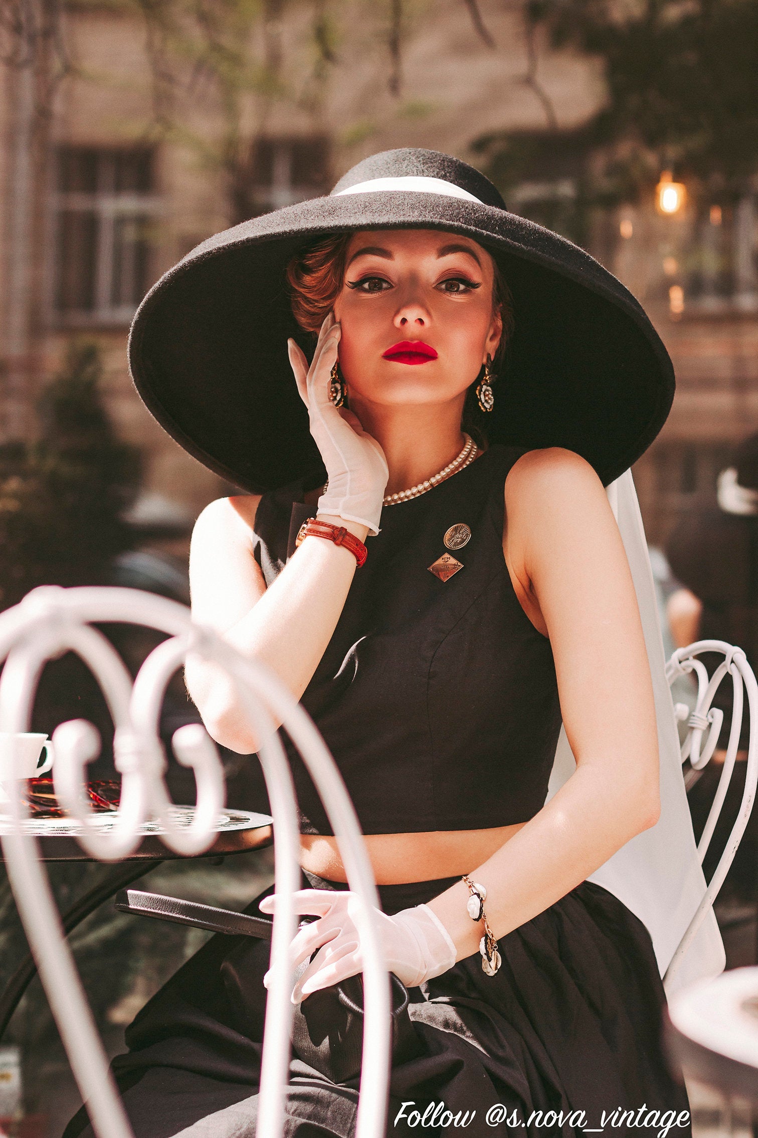 Boho Hat, Floppy Vintage Hat, Audrey Black Wool White Scraf