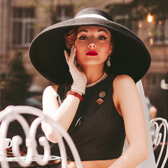 Boho Hat, Floppy Vintage Hat, Audrey Black Wool White Scraf