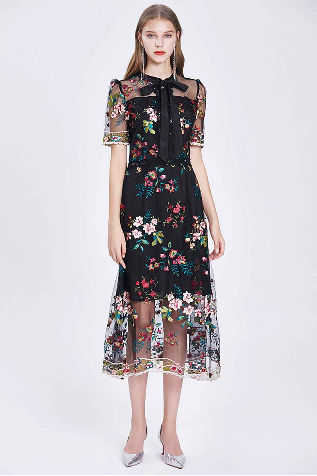 Maxi Dress, Boho Vintage Party Dress, Embroidered Dress, Annabelle in White Apricot and Midnight Flower