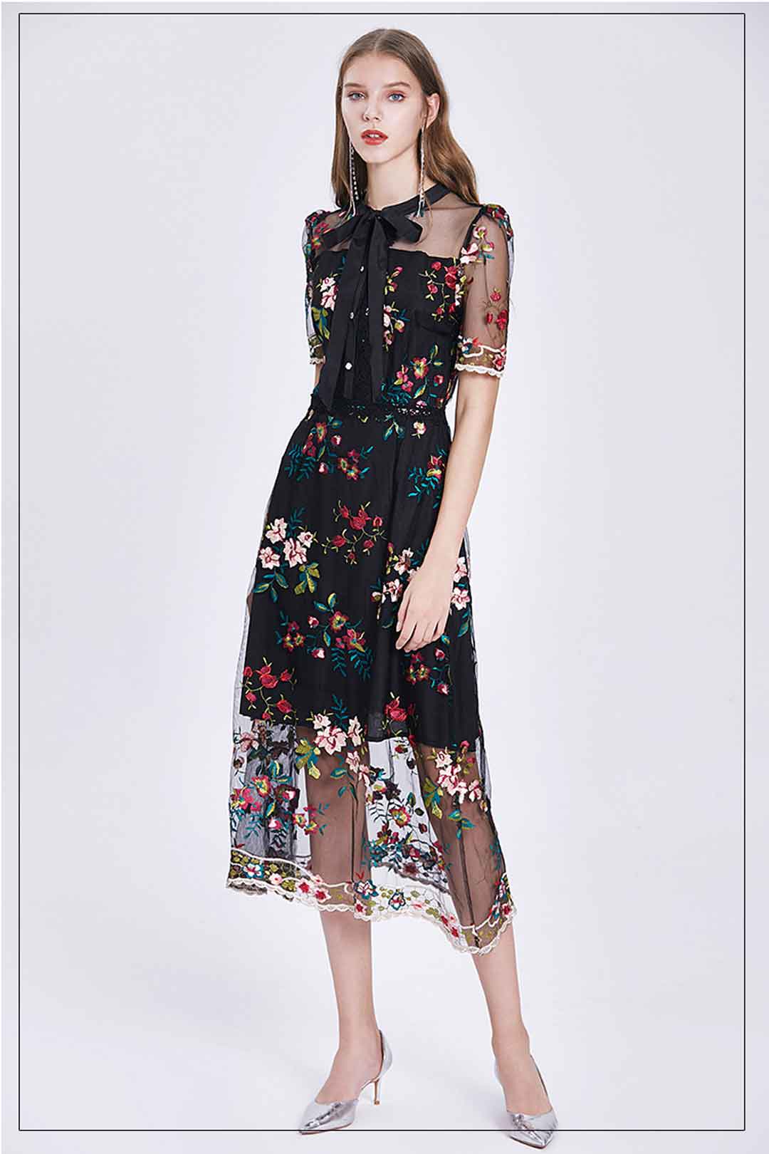 Maxi Dress, Boho Vintage Party Dress, Embroidered Dress, Annabelle in White Apricot and Midnight Flower