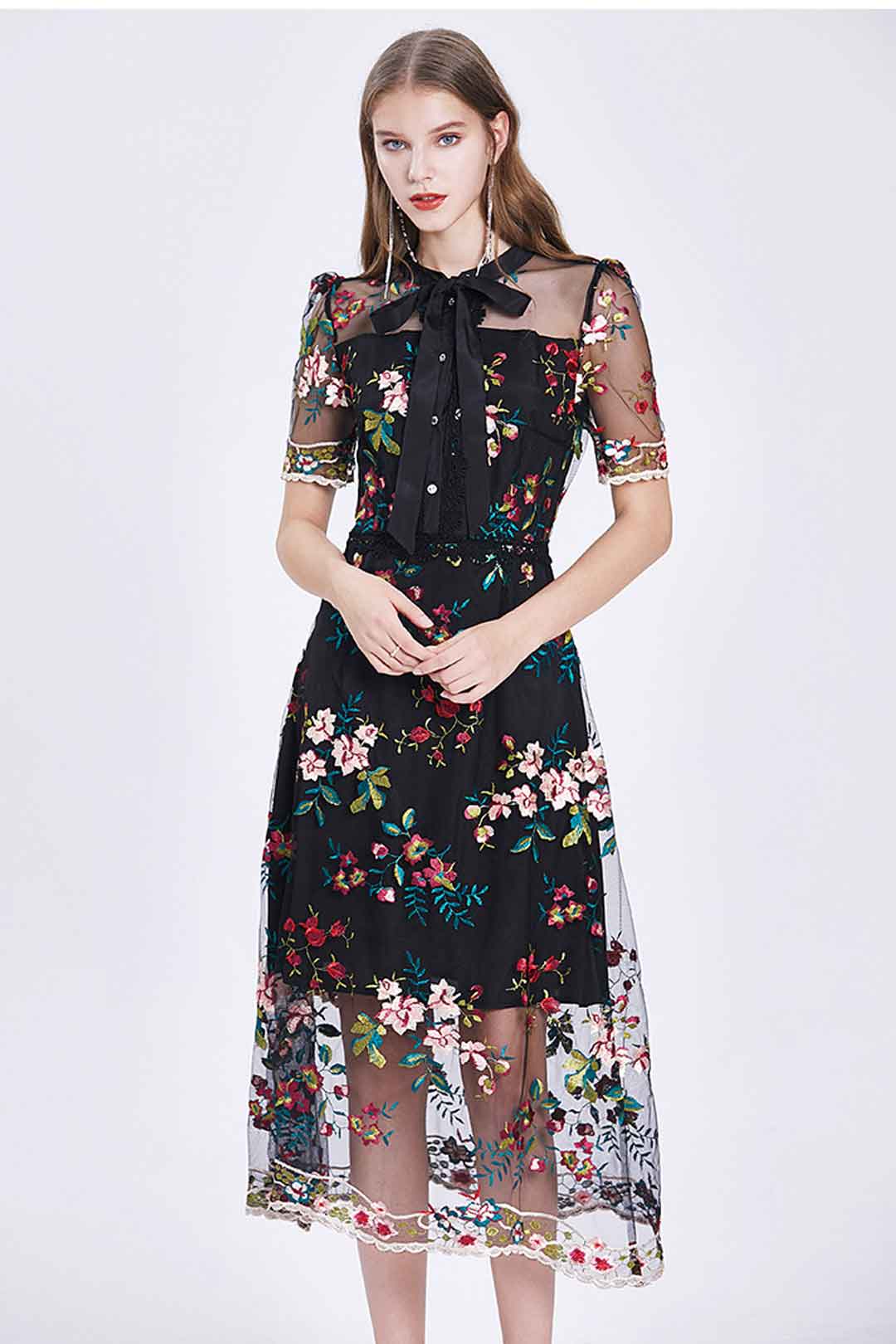Maxi Dress, Boho Vintage Party Dress, Embroidered Dress, Annabelle in White Apricot and Midnight Flower