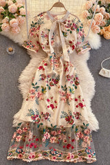 Maxi Dress, Boho Vintage Party Dress, Embroidered Dress, Annabelle in White Apricot and Midnight Flower