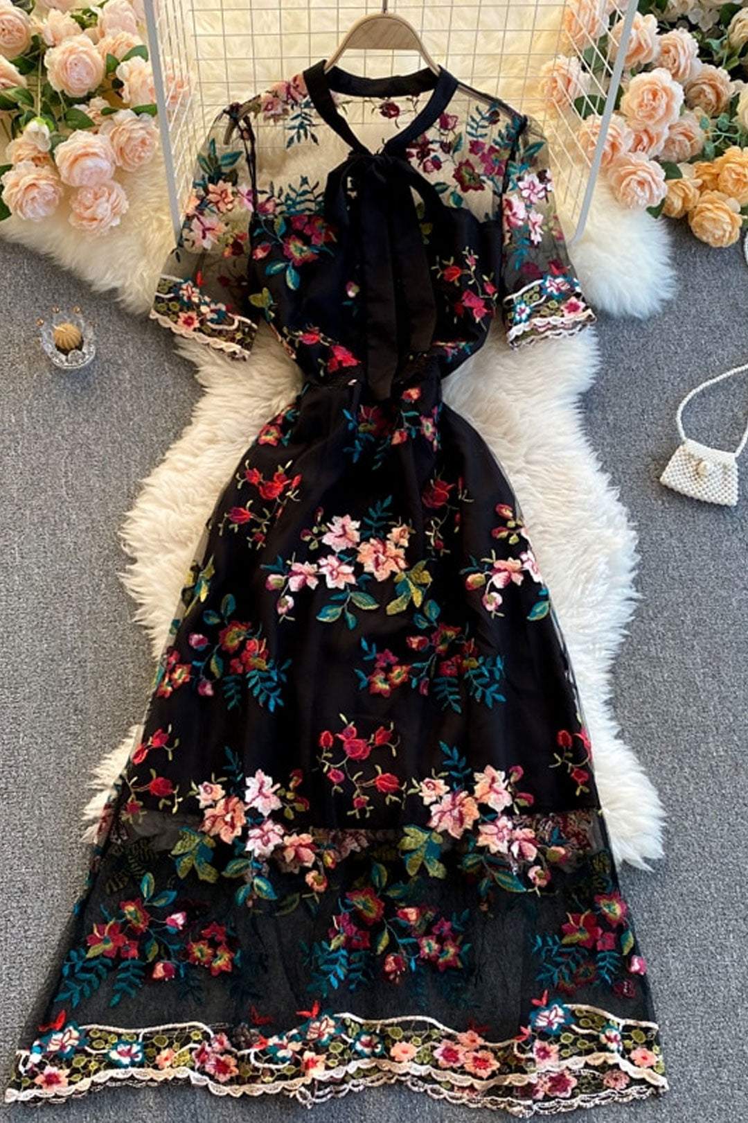 Maxi Dress, Boho Vintage Party Dress, Embroidered Dress, Annabelle in White Apricot and Midnight Flower